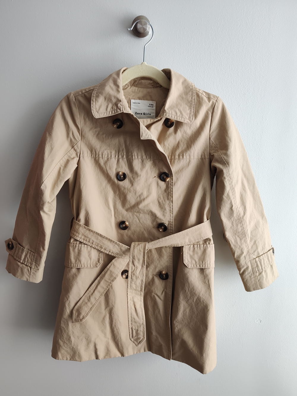 Zara Girls Beige Double-Breasted Raincoat